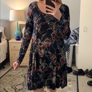 Navy floral long sleeve cotton dress